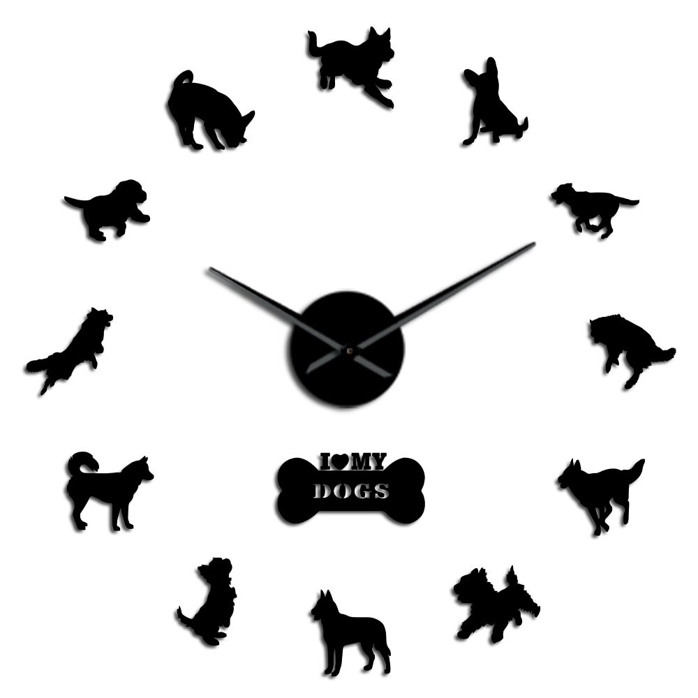 3D Yorkshire Terrier Labrador Siberian Husky Chihuahua Border Colie German Shepherd Mixed Dog Breeds DIY Giant Wall Clock Watch: Black / 47 Inch