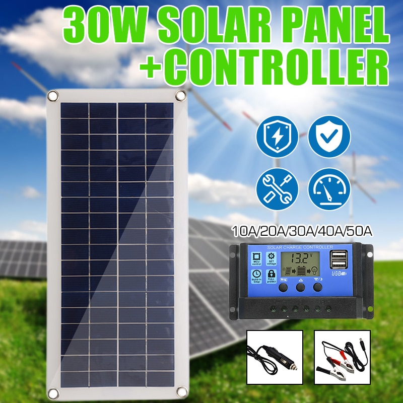 30W 12V Solar Panel Kit Complete with battery Clip 10/20/30A Solar Car Charger Controller Solar Cells for Outdoor Camping Hiking