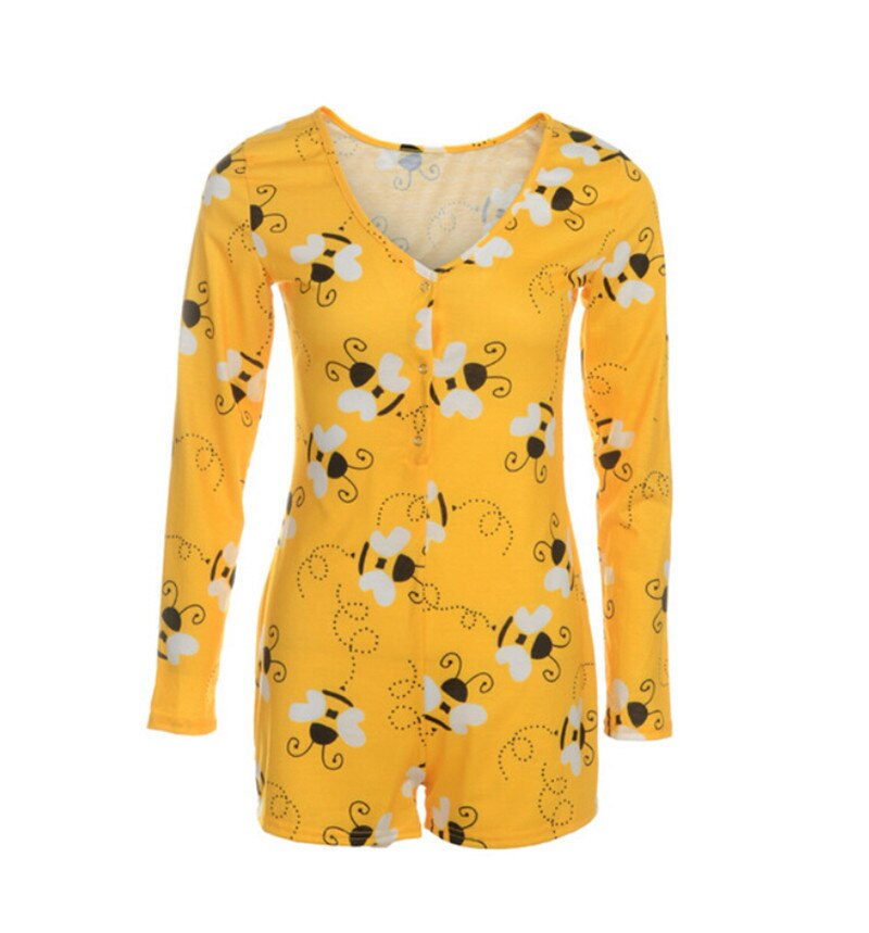 Sexy Onesies Vrouwen Nachtkleding Jumpsuit Lange Mouwen Diepe V-hals Bodycon Stretch Turnpakje Bodysuit Knop Korte Romper Pyjama