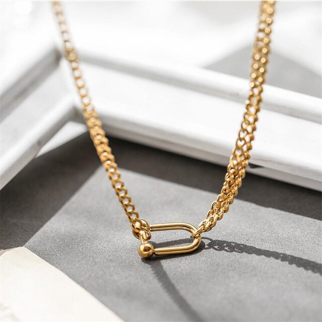 HUANZHI Gold Color Double layer Asymmetric Metal Necklace U Shape Pendant Choker Chian for Women Girls Jewelry