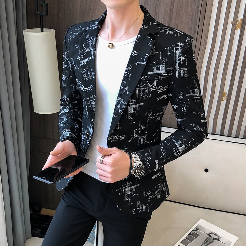 Lente koreaanse jas heren blazer print zakelijke jurk casual slim fit kostuum jas podium heren bruiloft blazer jas: Zwart / Koreaanse xxxl
