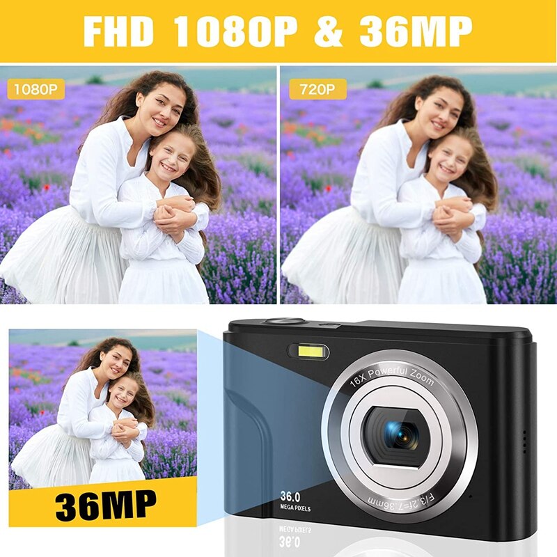 Appareil photo numérique 1080P 36.0 mégapixels avec Zoom numérique 16X, écran LCD, Mini appareils photo portables pour étudiants adolescents