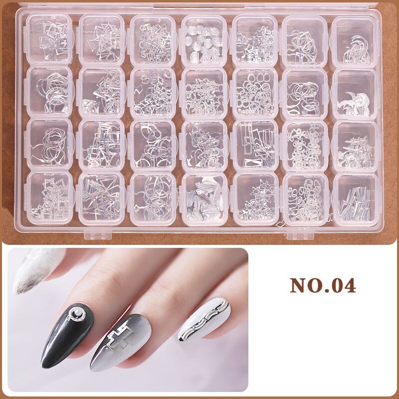 Ensemble d'accessoires pour ongles à 28 grilles, poire/métal/coque/résine/cristal strass pour manucure/bricolage, Kit de décorations pour Nail Art # DXM12: 28 grids jewelry-04