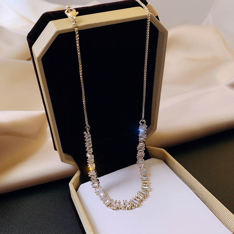 Korea Jewelry Luxury Shiny Zircon Necklace Stretchable Adjustable Feminine Clavicle Necklace