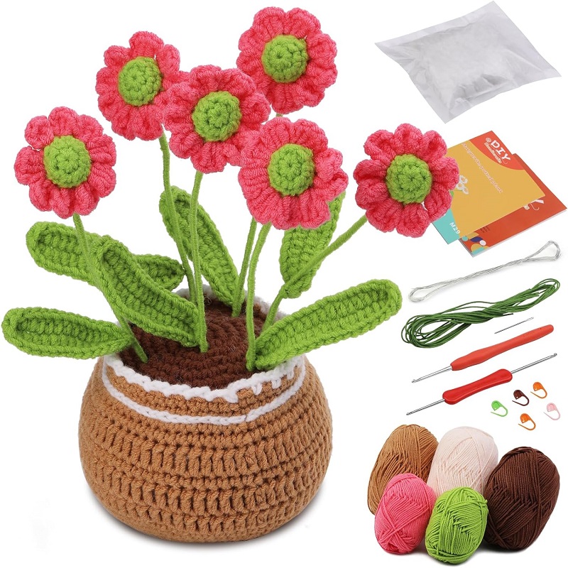 Kit de punto de ganchillo en maceta de flores para principiantes completos, principiantes, tutorial de Video paso a paso: royal blue