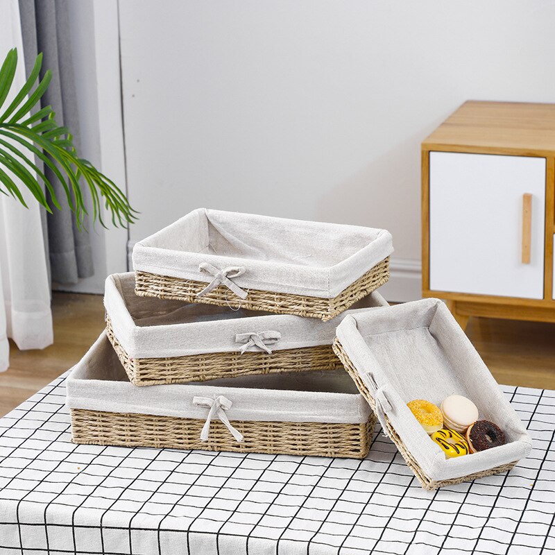 Bandeja de mimbre tejida a mano para almacenamiento de escritorio, cesta de mimbre para exhibición de comida, pan, fruta, aperitivos, mesa, tela, decoración artesanal