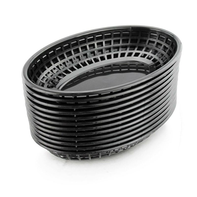 12 Uds. Cesta de comida rápida de plástico ovalada de 9,25 ", docena de bandejas de comida negras y rojas para servir patatas fritas, platos de cena, bandeja de pan para restaurante o Bar: Black