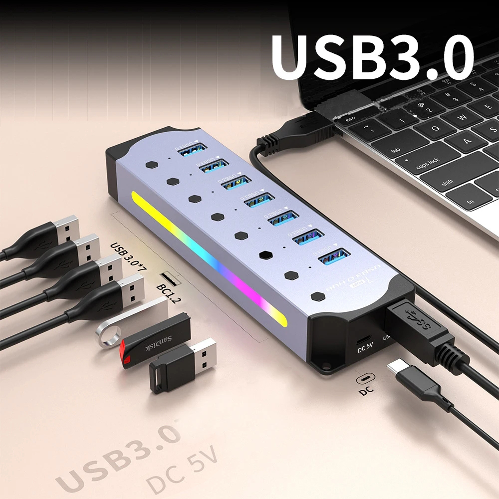 4-7 portów USB 3.0 HUB Aluminiowy konwerter przewodów RGB Stacja dokująca z przełącznikiem do laptopa Akcesoria komputerowe