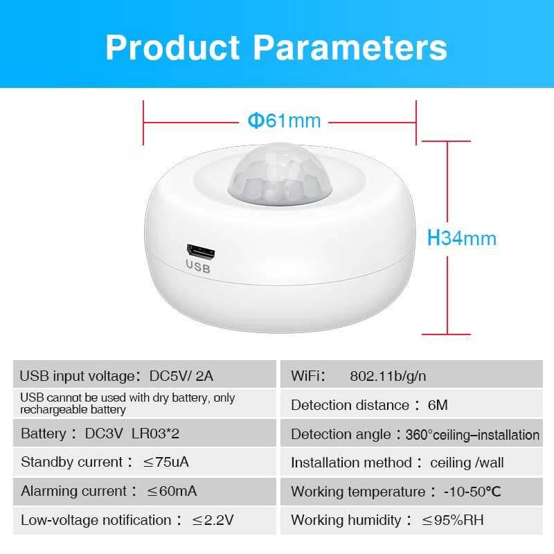 Tuya WiFi Motion PIR Sensor Detector USB charging WIFI Movement Sensor Support no one mode APP Wireless Home Security System
