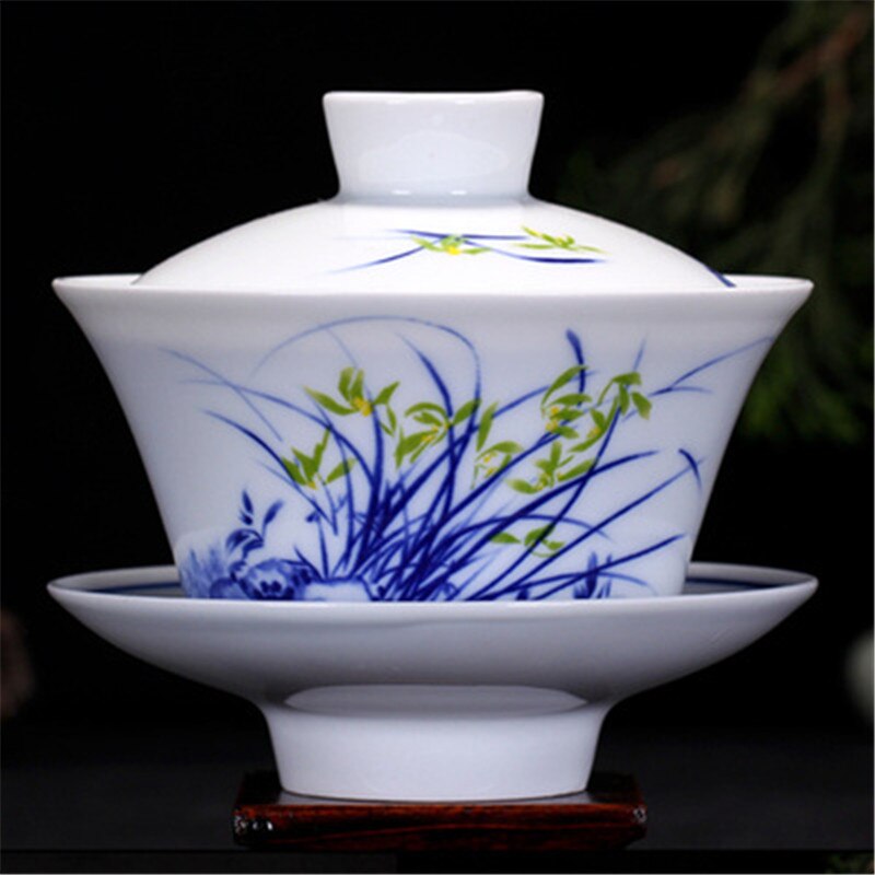 Kung fu te ceremoni 230ml drager gaiwan kinesisk blå og hvid porcelæn te kop og underkop sæt