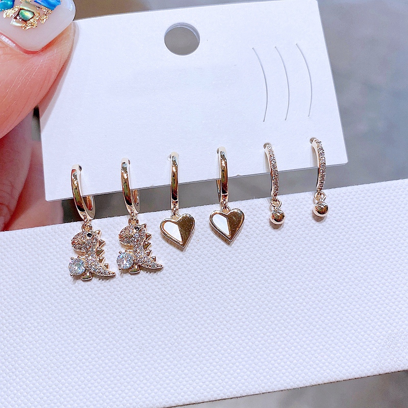 3 Pairs Mixed Kleine Hart Dinosaurus Druppels Oorringen Set Voor Vrouwen Goud Kleur Kubieke Zirkoon Sieraden