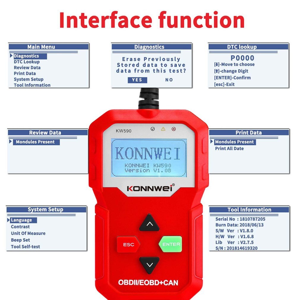 KW590 OBDII/EOBD Scanner Car Code Reader Car Diagnostic Scan Tool With Easy-to-Read LCD Display Portable Bag