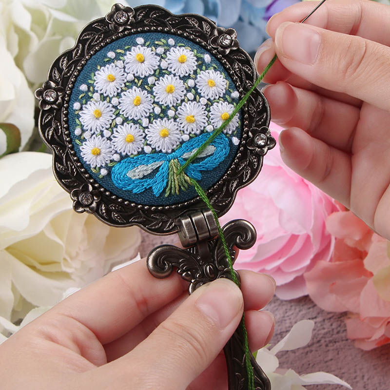 Kit de fleurs bricolage style paysage | Broderie, miroir de maquillage pliant, point de croix, pierreries, balançoire à la main, artisanal, décoration de maison