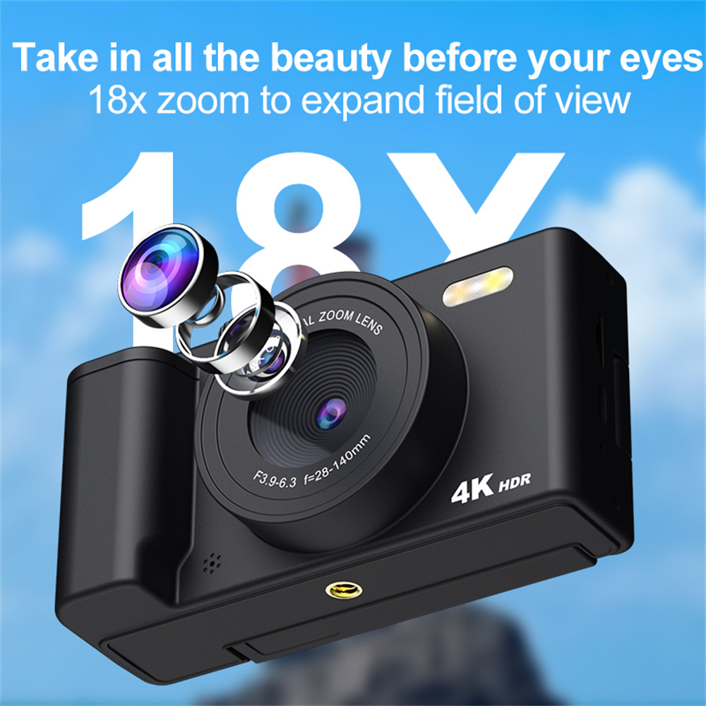 4K Digital Camera Photography Camera 18X Zoom 64MP Autofocu Vlog Video Recorder Compact Camera 2.8 Inch 180° Flip Screen CCD