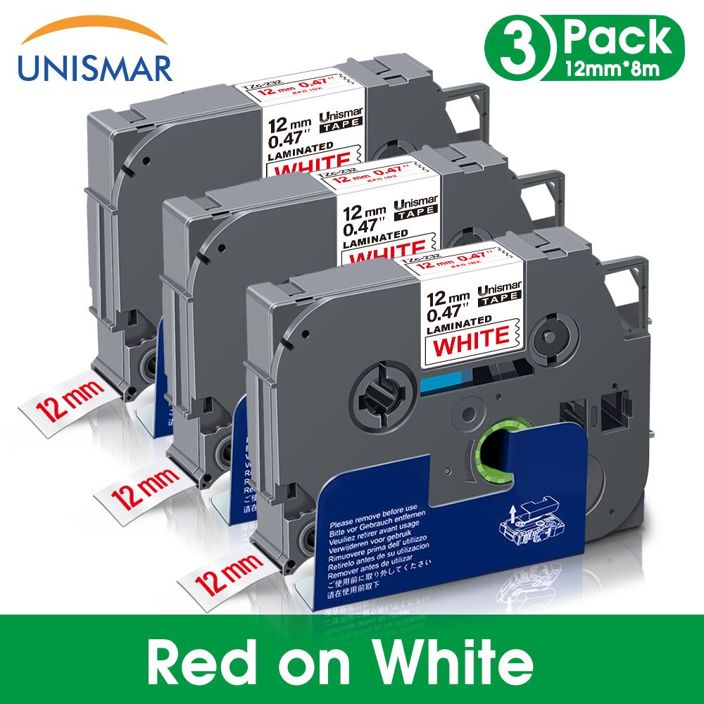 Unismar 3PK Black on White TZe-231 TZe231 Laminated Label Tape 12mm Printer Ribbon for Brother P-touch PT-1000 Label Maker: Red on White