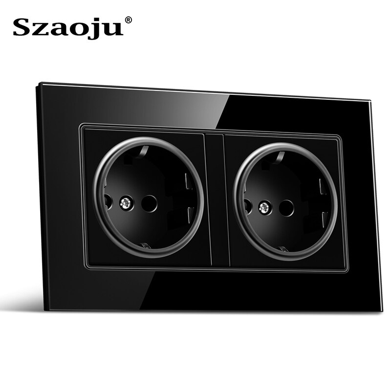 Szaoju 146*86 Stopcontact Duitse Standaard 16A Crystal Gehard Glas Panel Socket Stopcontact Met Usb Opladen AC110-250V: German black glass