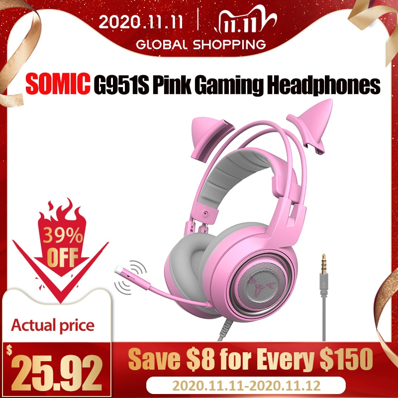 Somic G951S Roze Gaming Hoofdtelefoon Virtual 7.1 Noise Cancelling Wired Gaming Trillingen 3.5Mm Headset Met Microfoon Voor Pc Gamer