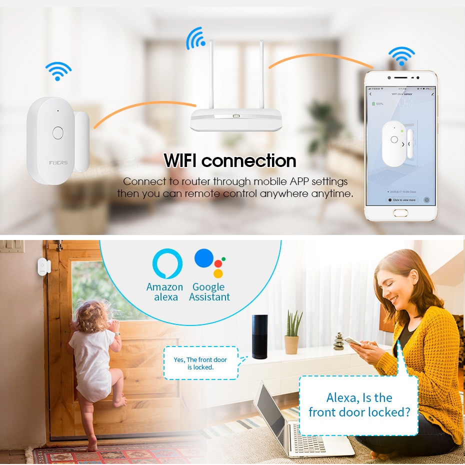 Fuers Tuya Smart Home WiFi Sensor de puerta Detectores de puerta abierta Sistema de alarma de protección de seguridad Alerta de seguridad para el hogar Alarma de seguridad