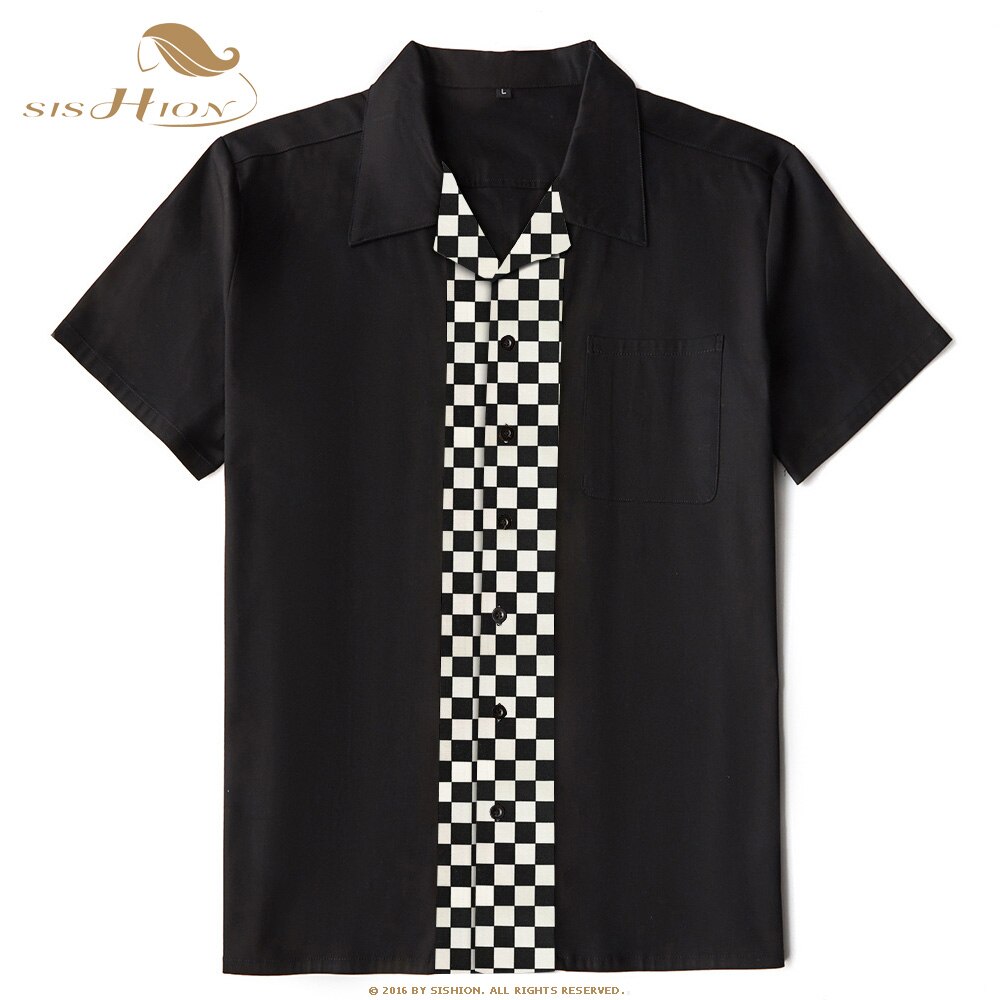 SISHION 2021 letnia bawełniana koszula męska ST125 50s 60s kręgle klasyczny rockowe czarna koszula w kratę plus rozmiar overhemden heren: L