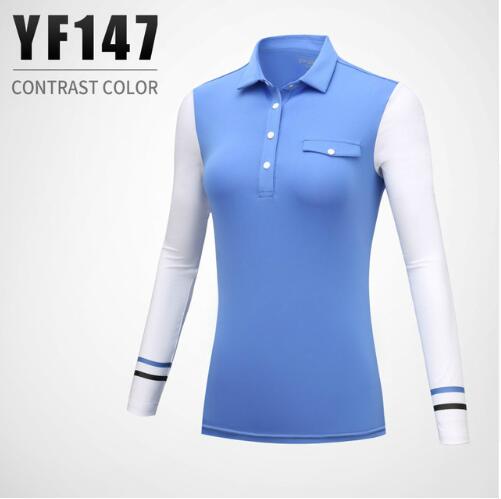 Efterår vinter kvinders golf t-shirt dame åndbar knap krave syning langærmet solcreme bund skjorter sportsbeklædning: Blå / S