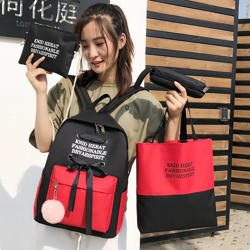 4 delar uppsättningar skolväskor ryggsäck 15.6 tum bärbar datorväska kvinnlig ryggsäck skolväska för tonårsflickor