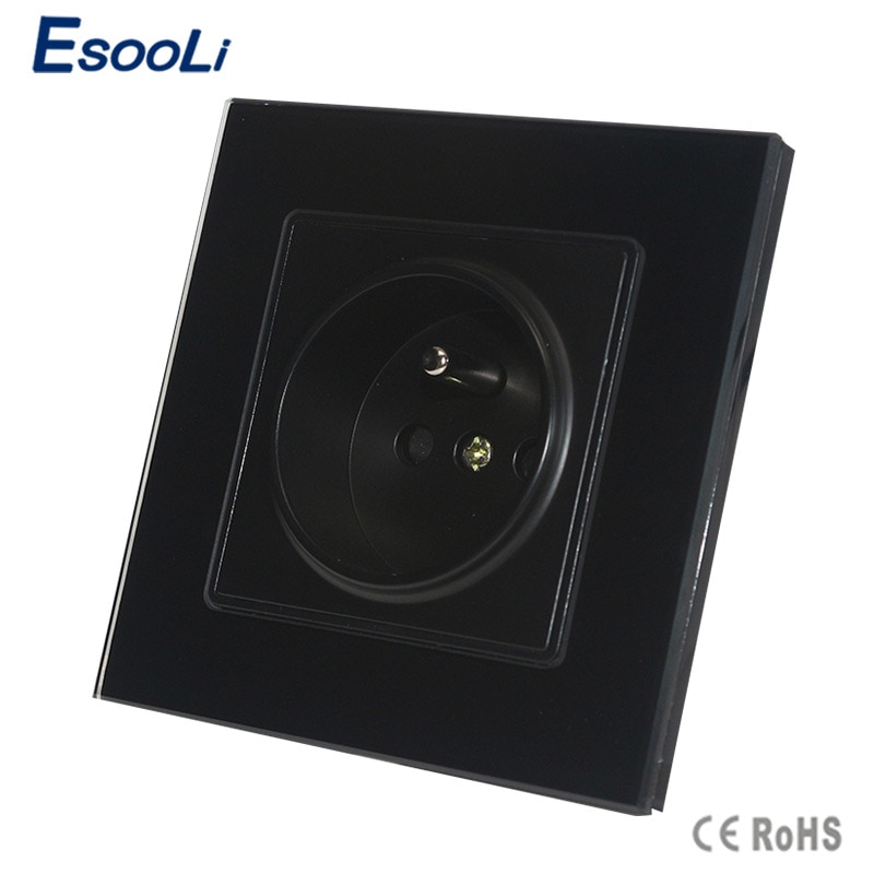 Esooli Outlet, Franse Standaard Stopcontact, GB-C7C1FR-1, Black Crystal Glass Panel, AC 110 ~ 250V 16A