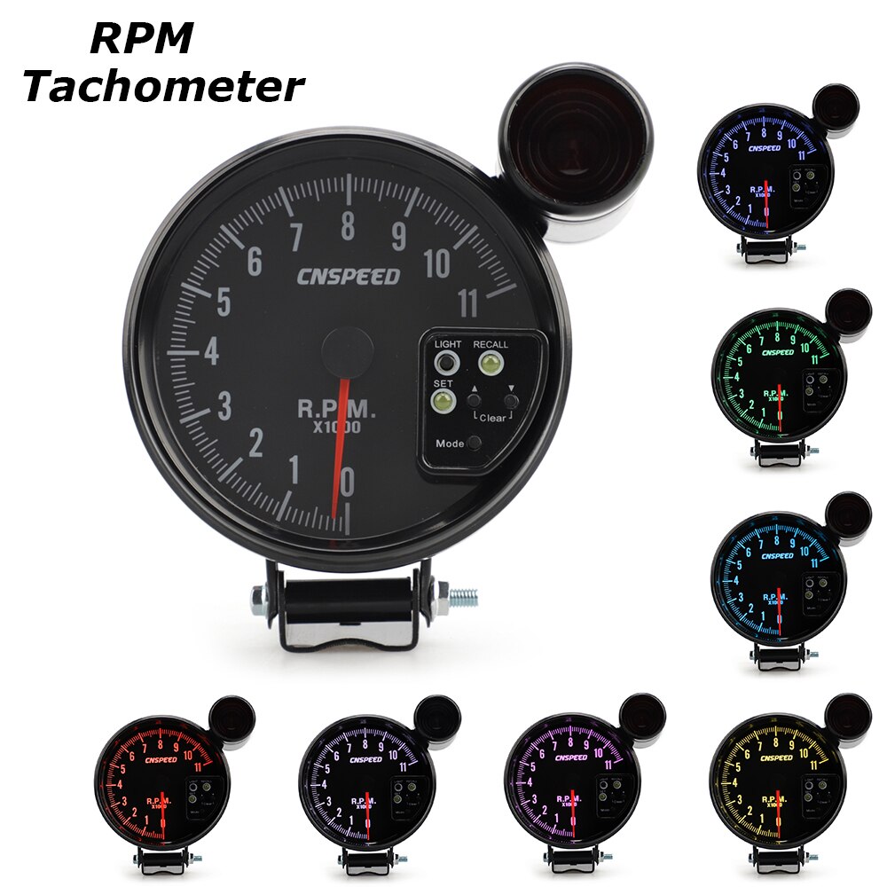 5" Inch (127MM) 7 Color 11K RPM Tachometer Gauge With Shift Light Black For 4 / 6 / 8 Cylinder Engine Vehicle 12V