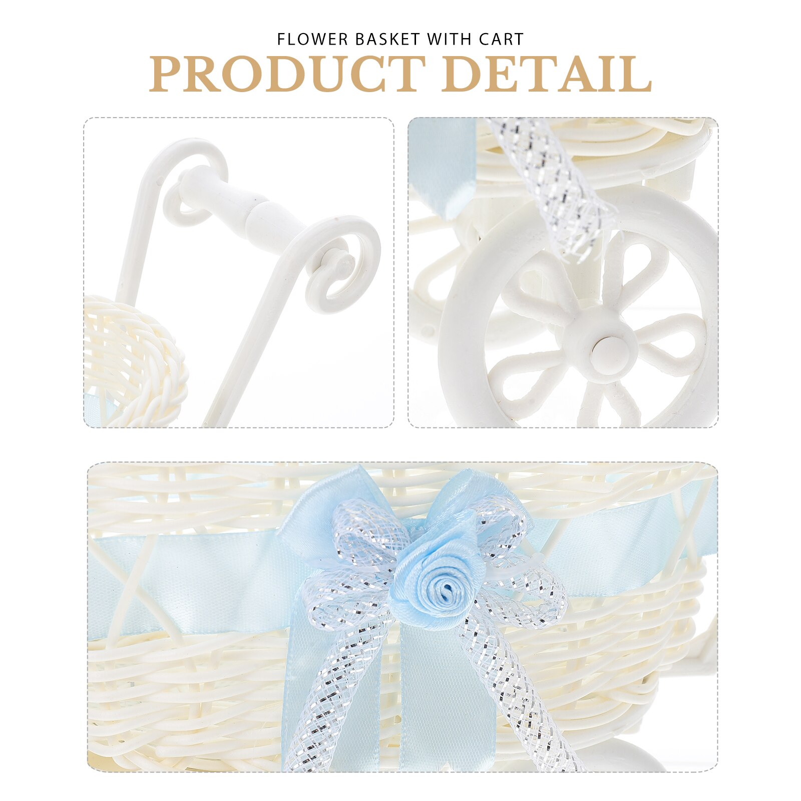 1Pc Plastic Bloem Mand Met Kar Gesimuleerde Geweven Gebreide Wandelwagen Winkelwagen Cane Driewielers Wedding Party Photo Prop (Willekeurige kleur)