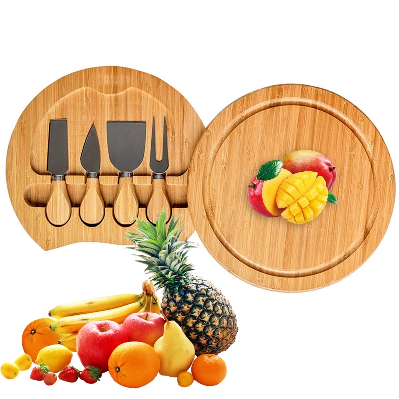 Wooden 10" Bamboo Cheese Board Set Round Cheese Platter Serving Platter Serving Board Charcuterie Platter Cheese Knife Set 원목판