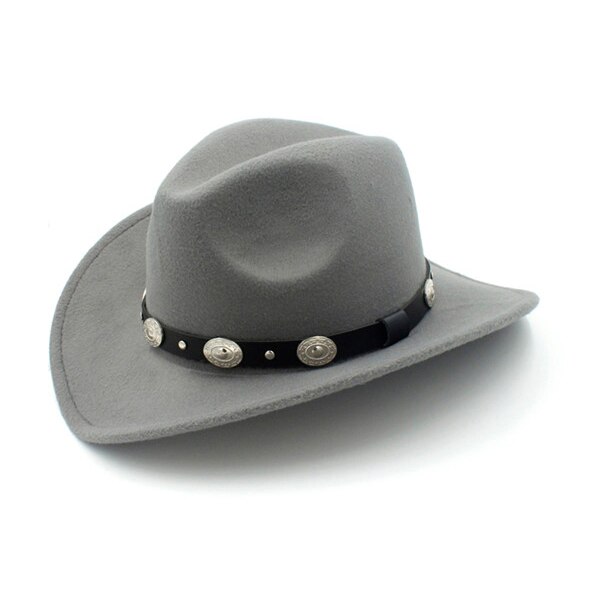 LUCKYLIANJI 100% filc wełniany dzieciak dziecko zachodni kapelusz kowbojski z szerokim rondem punkowa skórzana czapka jazzowa (rozmiar: 54cm regulacja liny): Szary