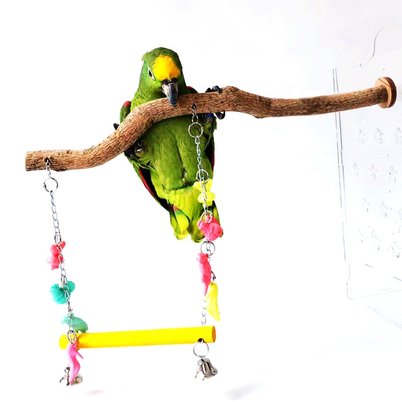 Parrot Perch Swing Wooden Bird Cage Swing With Bell Cockatiel Stand Bird Hanging Toy Parrot Chewing Toy Bird Accessories