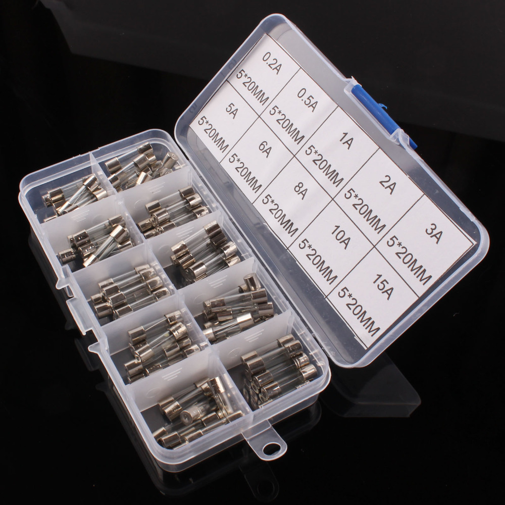 100Pcs 5*20mm Electrical Fuse Amp Fast-blow Glass Tube Fuse Kit Box Set 0.2A-15A
