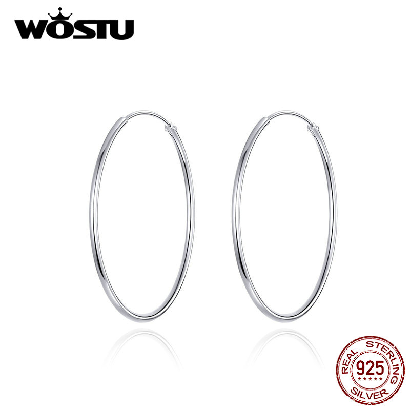 WOSTU 100% 925 Sterling Silber Großen Kreis Band Ohrringe Minimalistischen Einfache Runde Ohrringe Für Frauen Party Schmuck CQE710