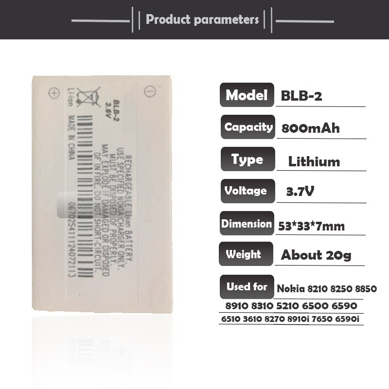 BLB-2 BLB2 BLB 2 Replacement Phone Battery For Nokia 8210 8250 8850 8910 8310 5210 6500 6590 6510 3610 8270 8910i 7650 6590i