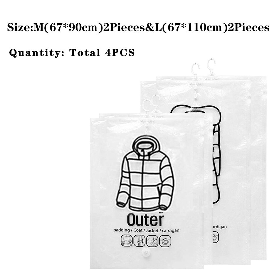 Hanging Vacuum Storage Bag Closet Organizer Space Saving Clear Seal Wardrobe Storage Bags With Hanger For Coats Jackets Suit: 2PCS M and 2PCS L