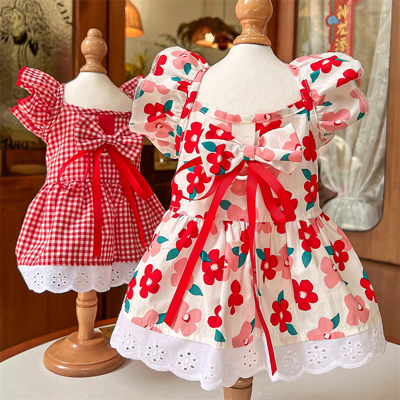 Vestido de verano para mascotas, faldas a cuadros con estampado Floral, vestidos de princesa para gatos, faldas dulces para Chihuahua Yorkie, disfraz para cachorros y perros, suministros para mascotas