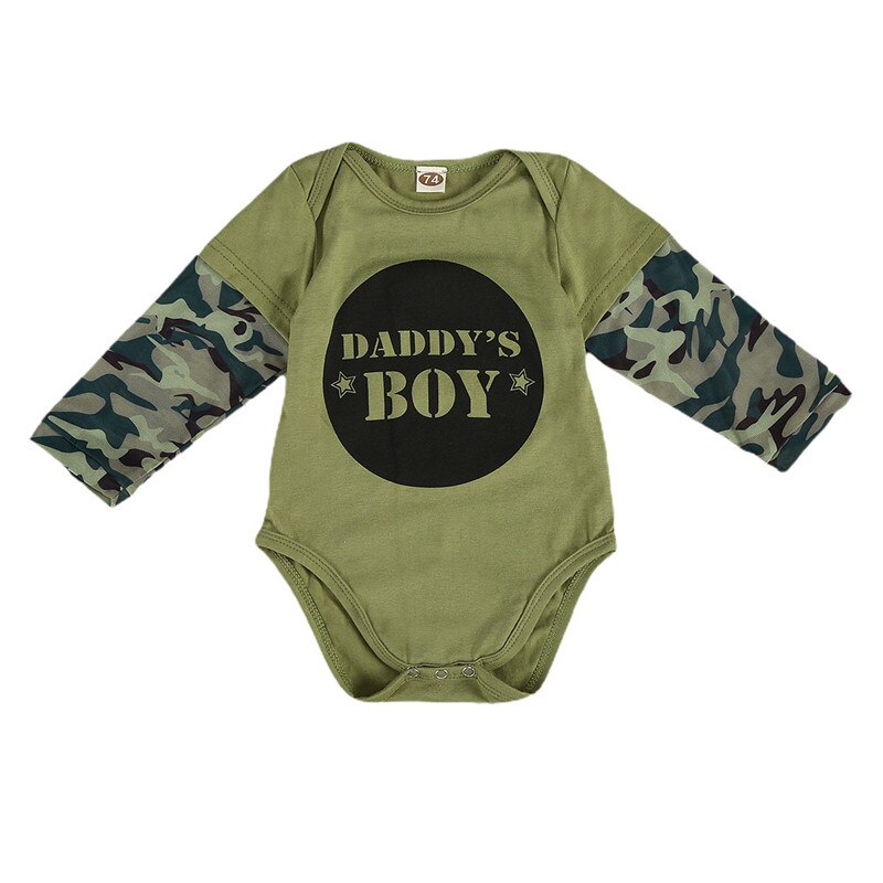 Geboren baby meisjes jongens outfits camouflage patchwork lange mouwen ronde hals knopen legergroen korte body's herfstkleding: B / 3 6 maanden