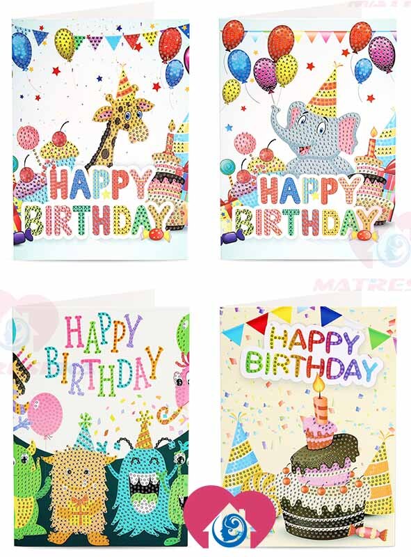 Cartes de vœux joyeux anniversaire diamant peinture | Rond 5d, kits de cartes de vœux, peinture diamant, broderie diamant, 13x18cm: Mix6 4pcs
