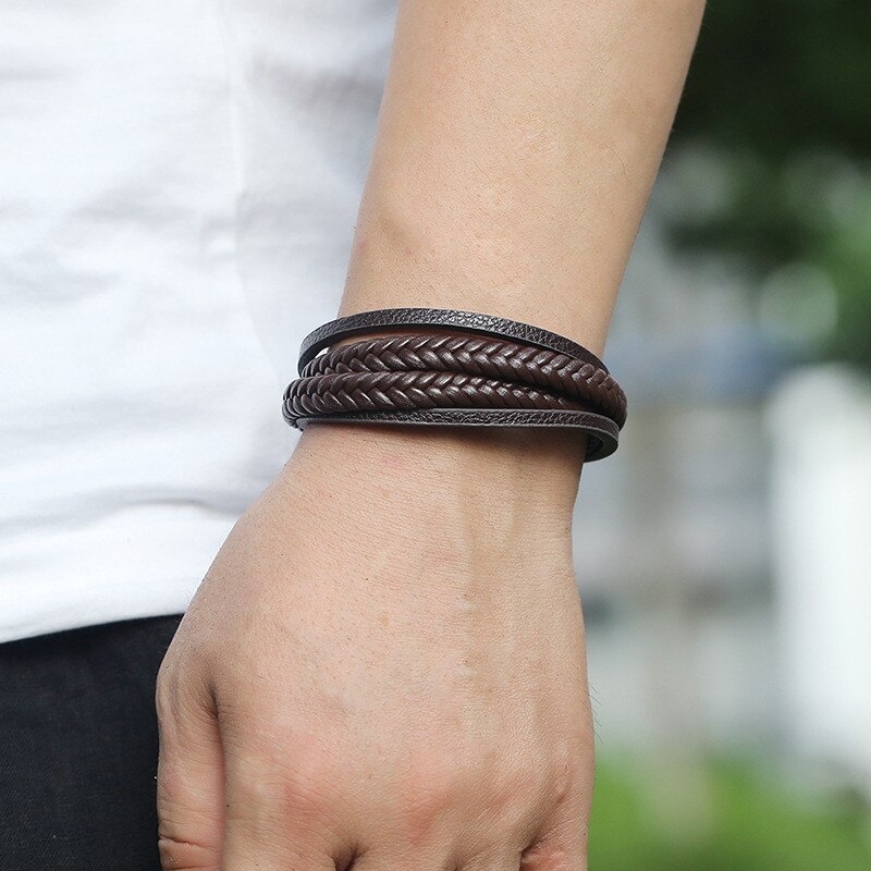 Pulseras de cuero para hombre, Brazalete moderno de varias capas, tejido a mano, estilo hip hop Rock, para novio