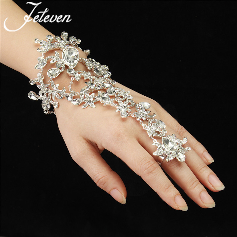 Clear Crystal Bridal Ring Bracelet Luxury Tear Rhinetone Chain Link Bangle Finger Ring Wraps Slave Bracelet Wedding Jewelry