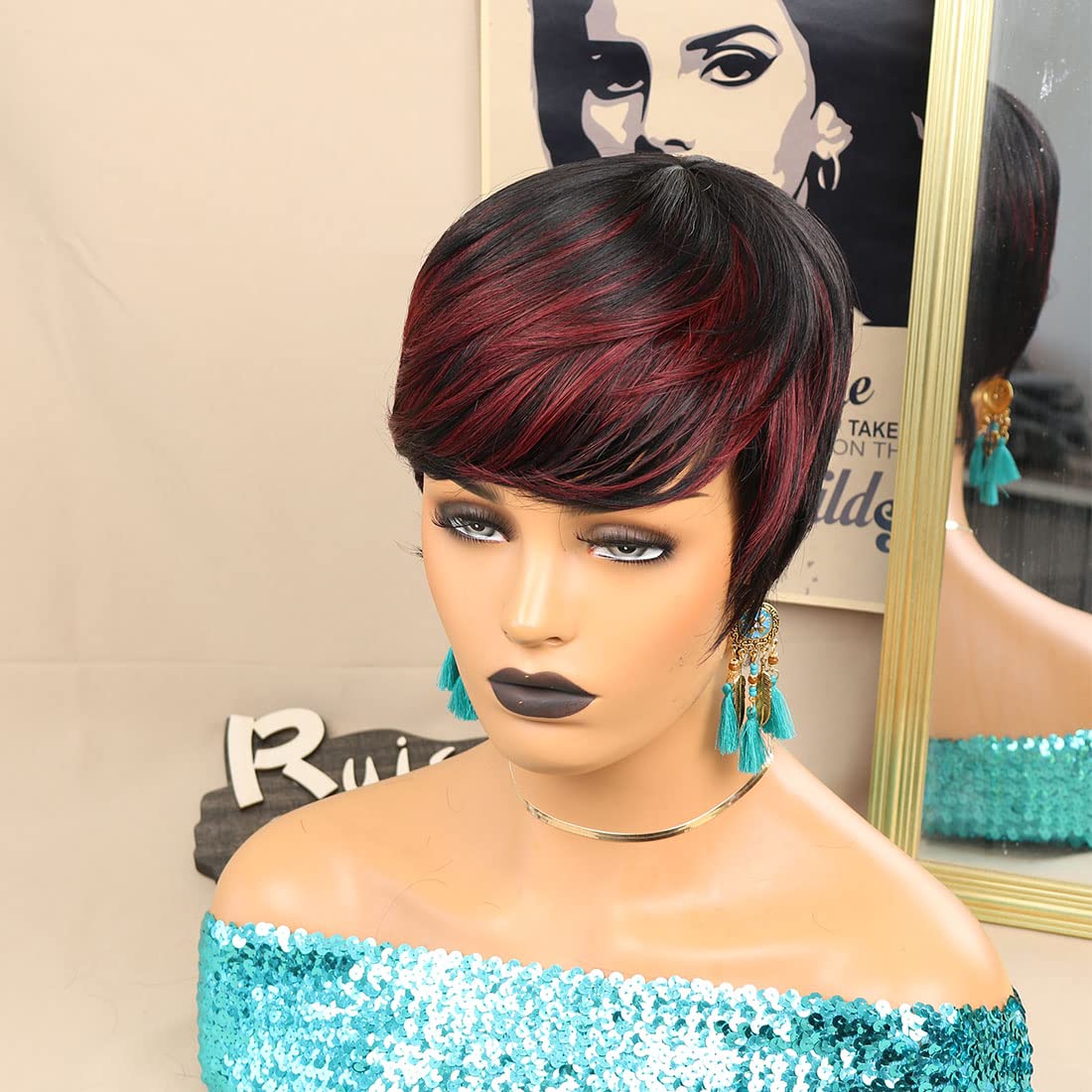 Pelucas cortas de corte Pixie para mujeres negras, pelucas cortas con flequillo, pelucas negras con capas marrones, pelucas de cabello Real Bob corto sin pegamento para Wo