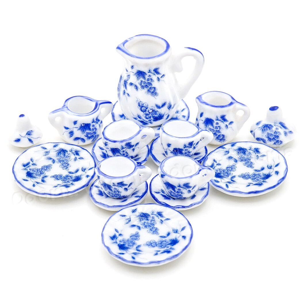 Odoria 1:12 Miniature 15pcs Porcelain Tea Cup Set Chintz Flower Tableware Kitchen Dollhouse Accessories Decor ( 14 Patterns ): Blue Grape