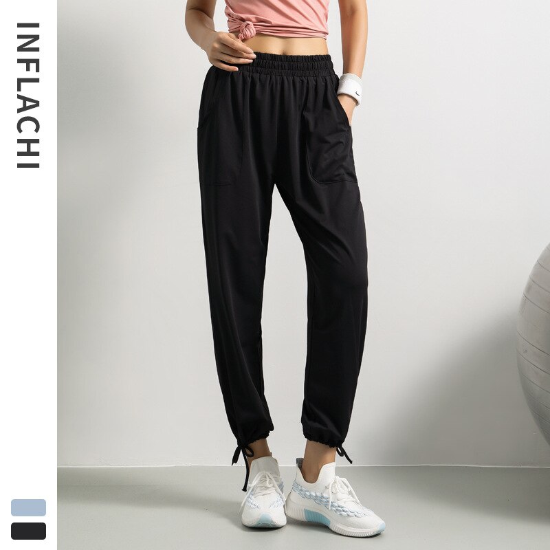 Novo solto sweatpants feminino magro correndo calças de fitness verão secagem rápida calças cortadas: Black / S