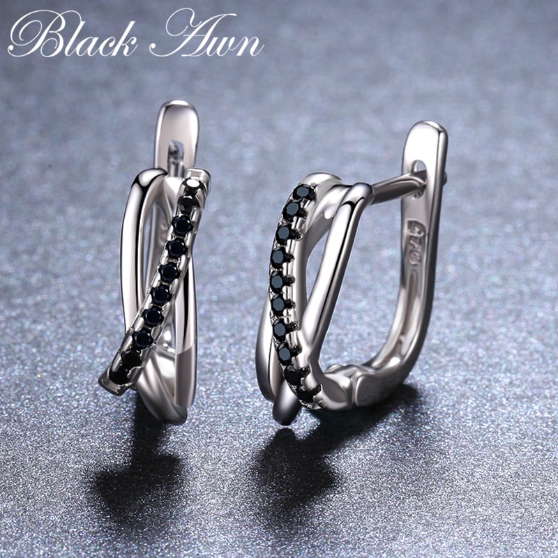 Classic Genuine 925 Sterling Silver Jewelry Black Spinel Stone Cute Stud Earrings for Women Bijoux Femme Boucles d'oreilles I023