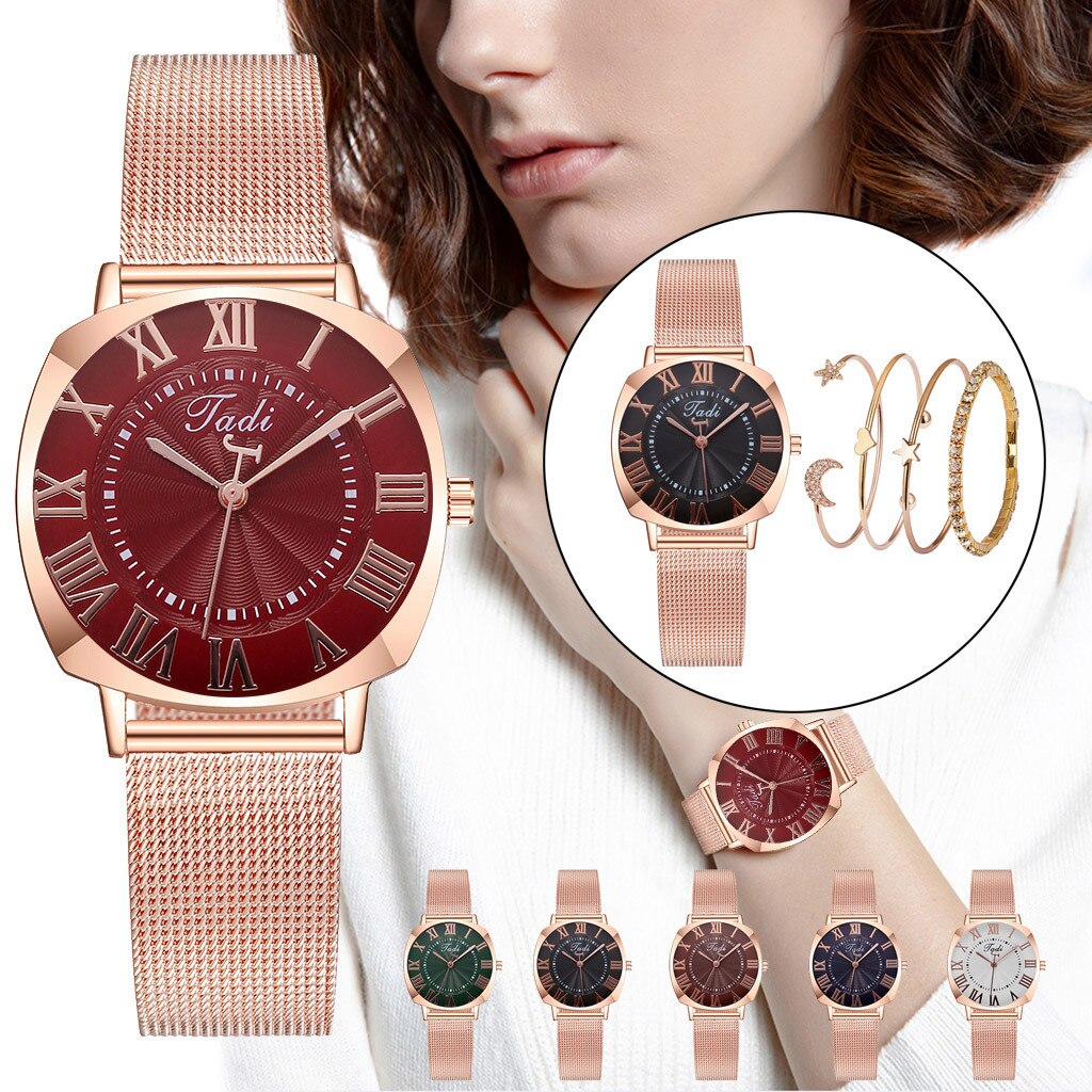 Vrouwen Shining Casual Quartz Rvs Newv Band Armband Horloge Set