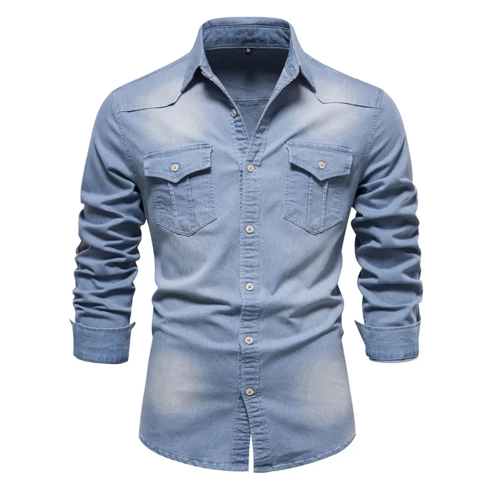 AIOPESON camisa vaquera de algodón elástico para hombre manga larga camisas vaqueras de para hombres corte ajustado informal ropa de para hombre: S / Azul cielo