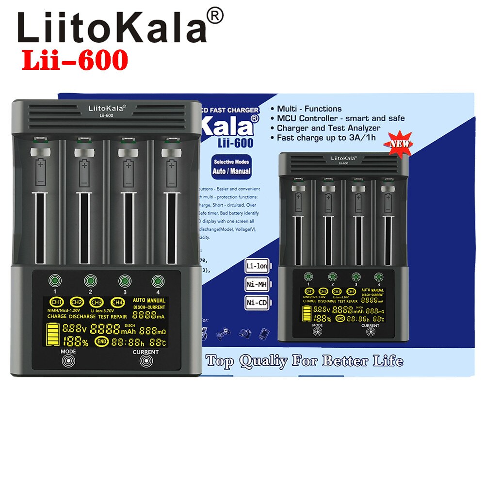 Liitokala lii -600 lii -500 lii -500s lcd 3.7v 1.2v 18650 26650 21700 akkulaturi, testaa akun kapasiteetin kosketusohjain