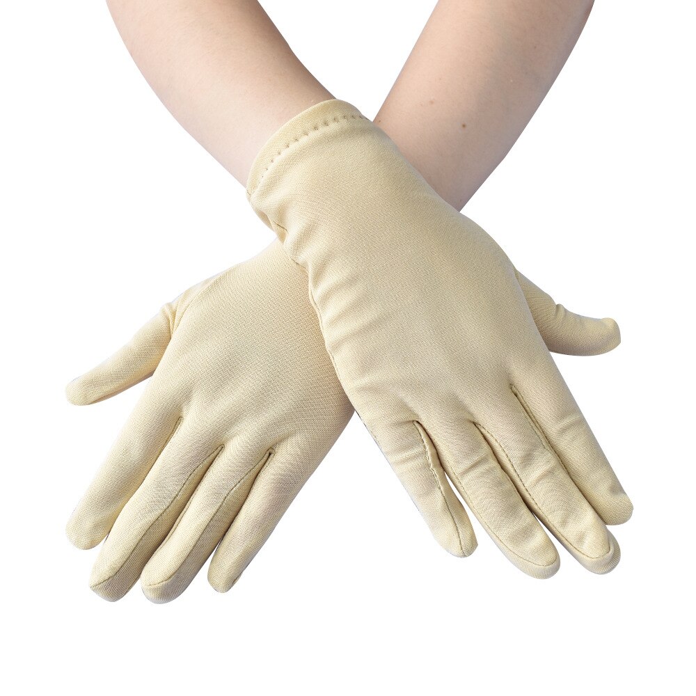 Lady Girl Short Finger Wrist Satin Gloves Evening Party Prom Costume Milk Stretch Gloves Etiquette Finger Mittens Cosplay Gloves: BEIGE