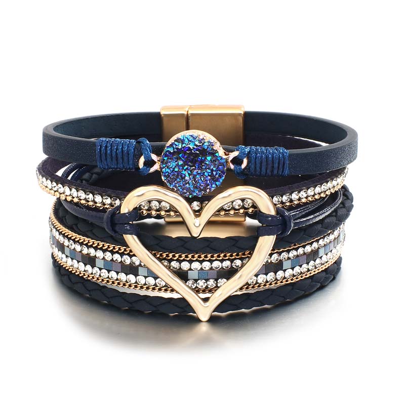 Amorcome-pulsera de cuero trenzado para mujer, brazalete con varias capas de piedras de resina, corazón hueco,: Navy Blue