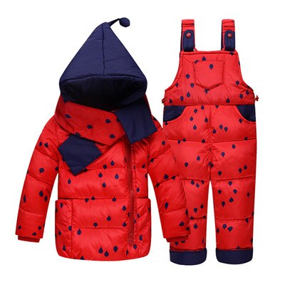 Baby pige vinter dun tøj sæt vinter dot print hætteklædte nyfødte spædbarn bebes carter sne outwear frakke + overalls bukser + tørklæde: Rød